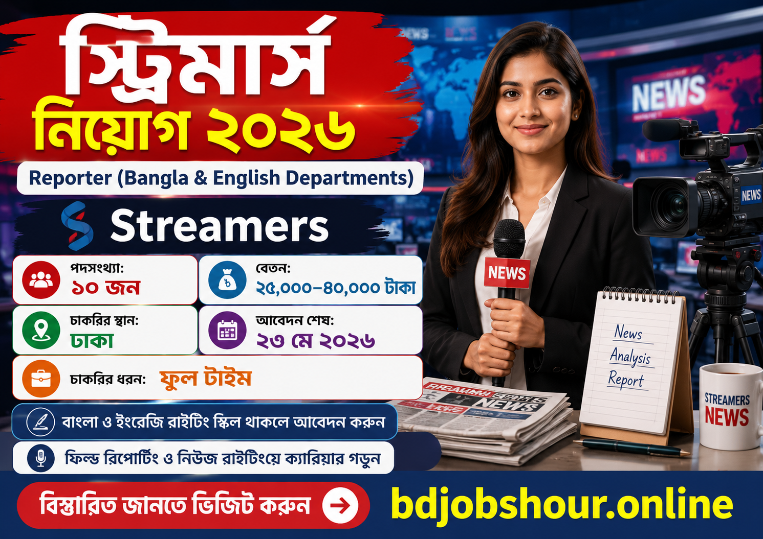 Streamers Job Circular 2026 Reporter Bangla and English Departments