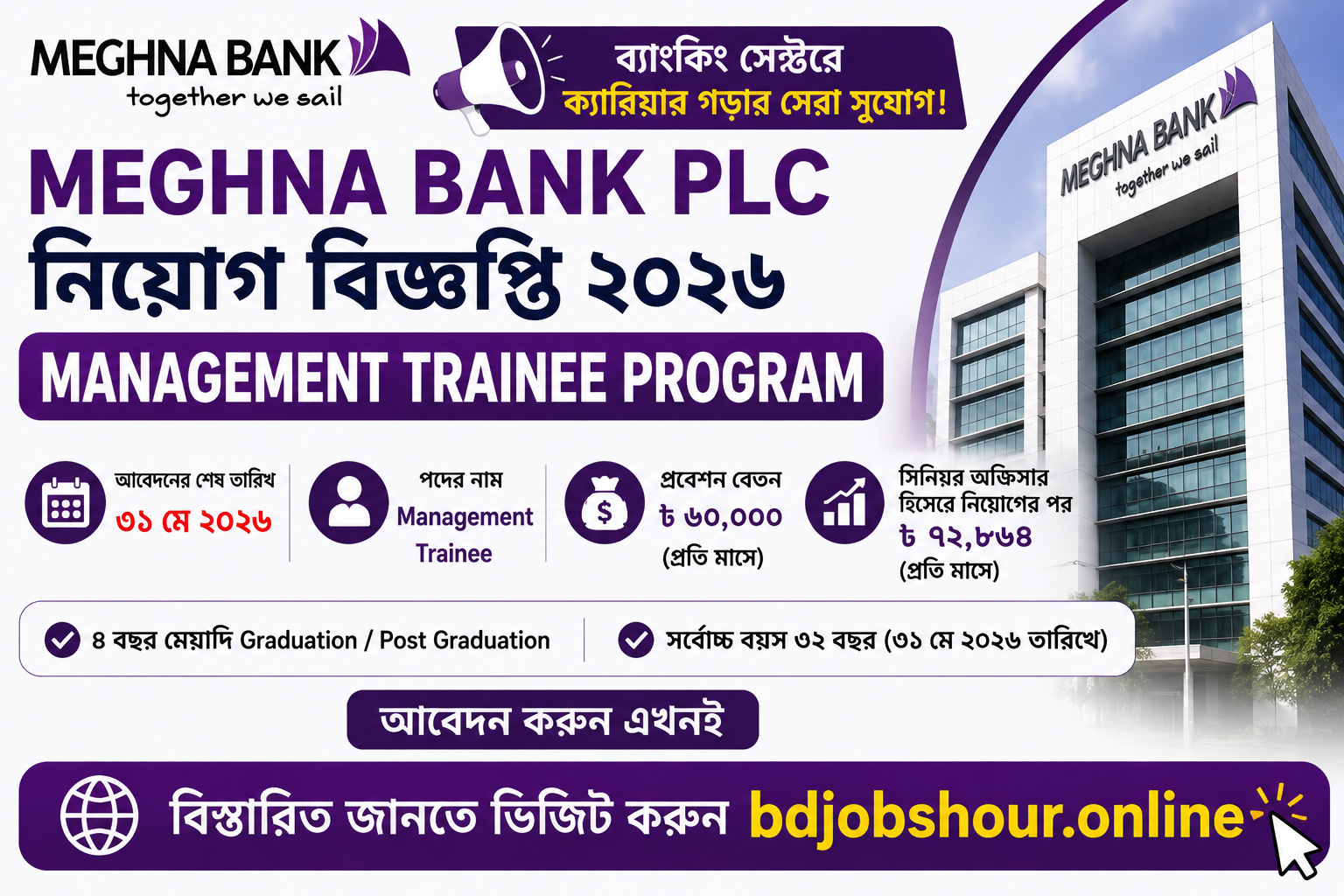 Meghna Bank PLC Management Trainee Program 2026,Meghna Bank PLC নিয়োগ বিজ্ঞপ্তি ২০২৬ | Management Trainee Program-এ ক্যারিয়ার গড়ার সুযোগ