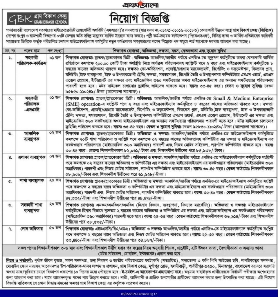 গ্রাম বিকাশ কেন্দ্র নিয়োগ বিজ্ঞপ্তি ২০২৬ – GBK Job Circular 2026