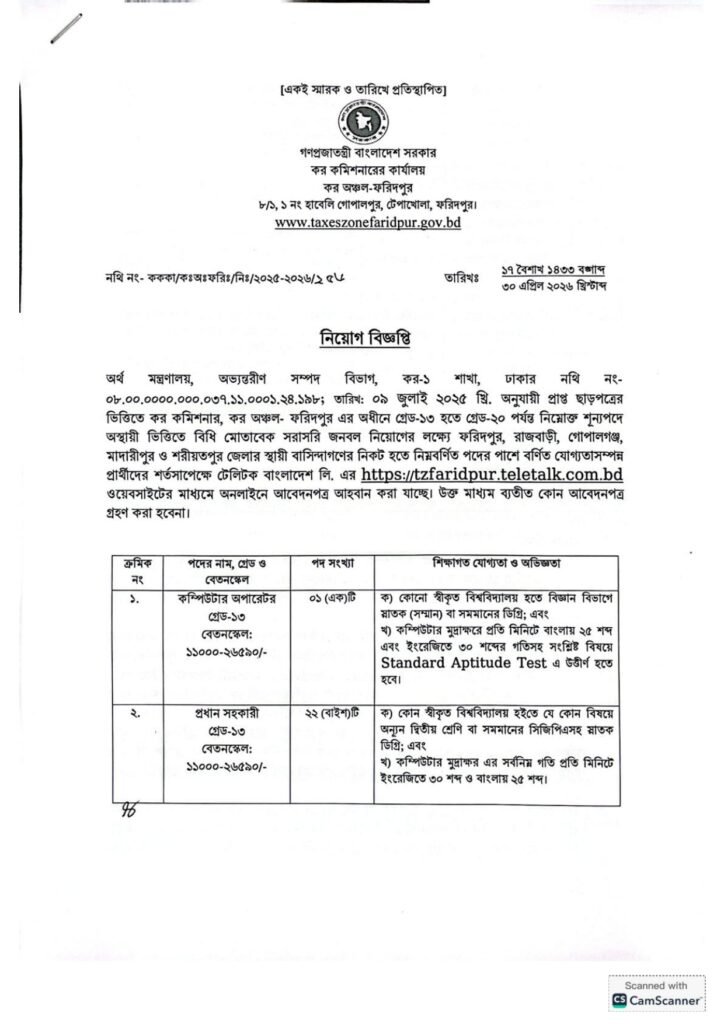 কর অঞ্চল ফরিদপুর নিয়োগ বিজ্ঞপ্তি ২০২৬