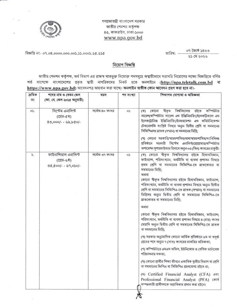 NPA Job Circular 2026, National Pension Authority Job Circular 2026, System Analyst, Financial Analyst, Programmer, Manager