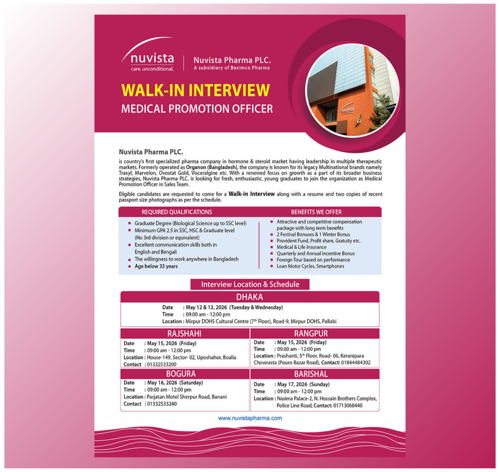 Nuvista Pharma PLC Job Circular 2026 Medical Promotion Officer Walk-in Interview