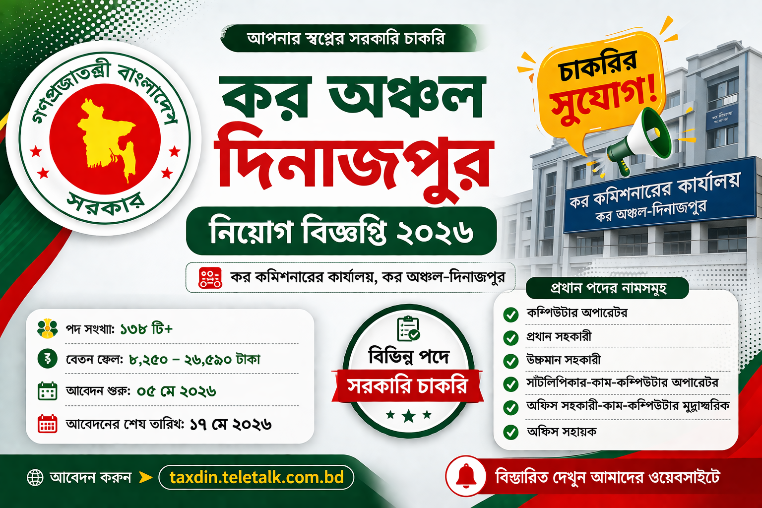 কর অঞ্চল দিনাজপুর নিয়োগ বিজ্ঞপ্তি ২০২৬, Tax Zone Dinajpur Job Circular, taxdin teletalk com bd, সরকারি চাকরির খবর ২০২৬