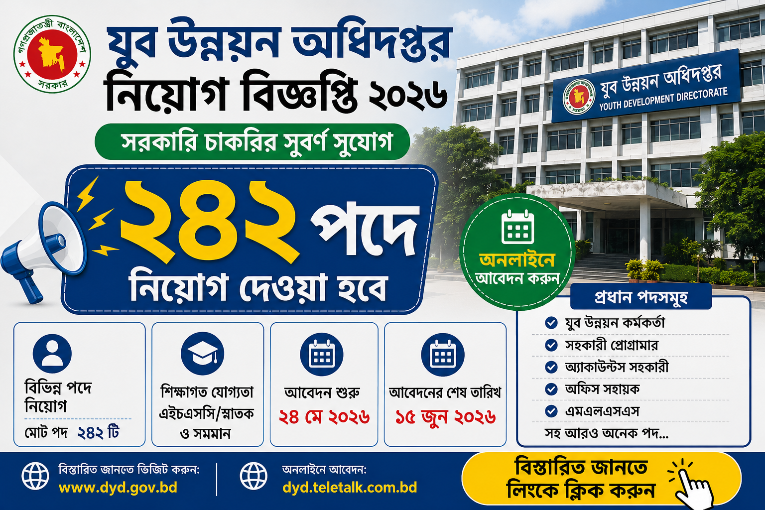 ২৪২ পদে যুব উন্নয়ন অধিদপ্তর নিয়োগ বিজ্ঞপ্তি ২০২৬ DYD Job Circular 2026
