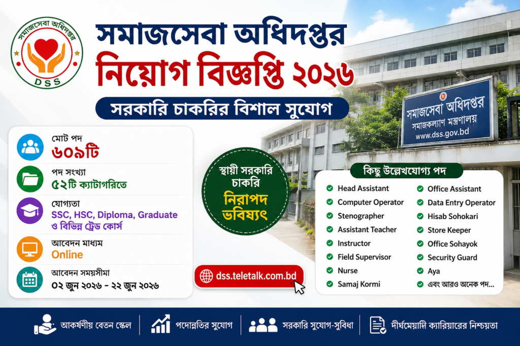 ৬০৯টি পদে সমাজসেবা অধিদপ্তর নিয়োগ বিজ্ঞপ্তি ২০২৬ DSS Job Circular 2026